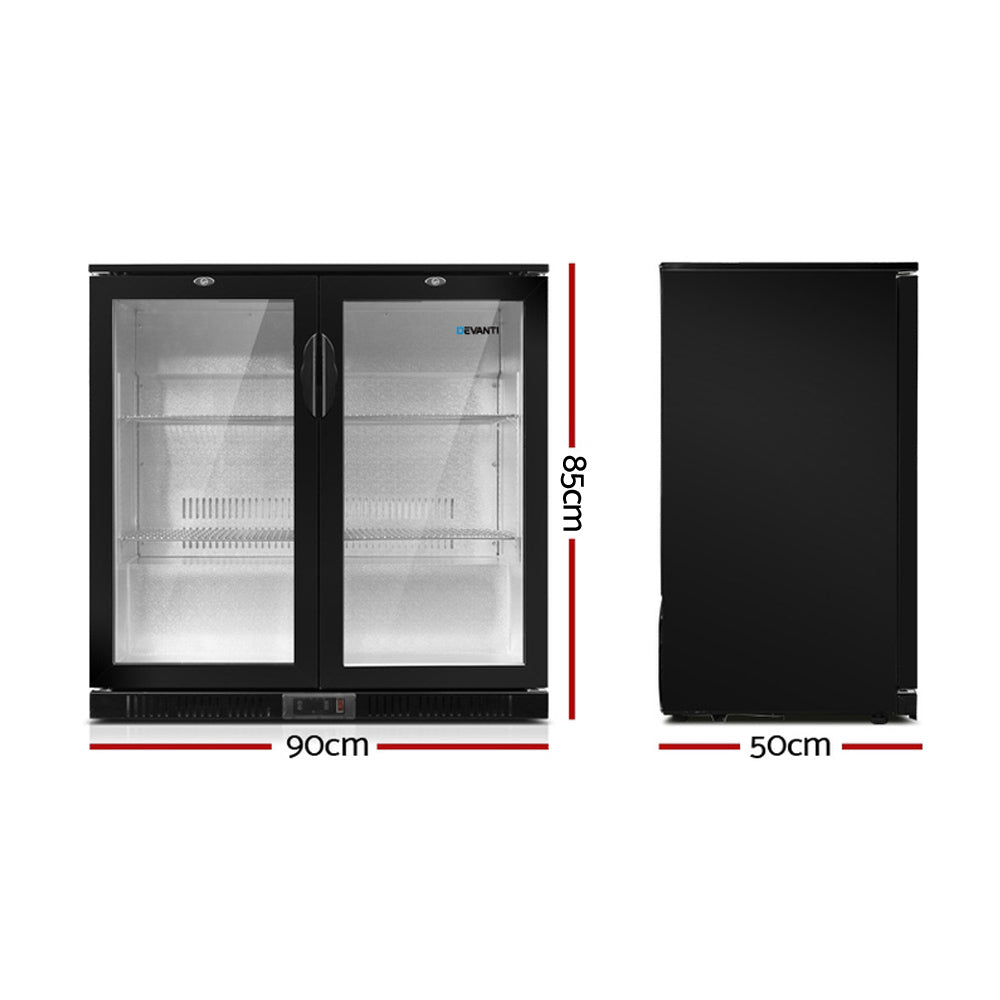 198L Dual Glass Door Bar Fridge w/Light Black