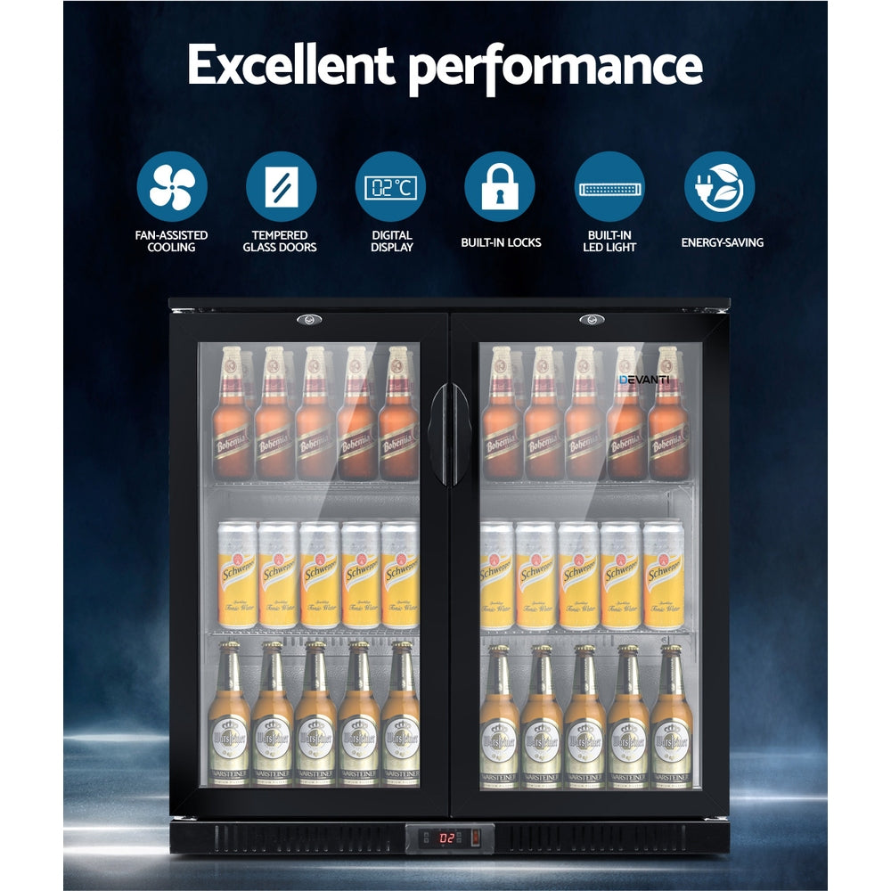 198L Dual Glass Door Bar Fridge w/Light Black
