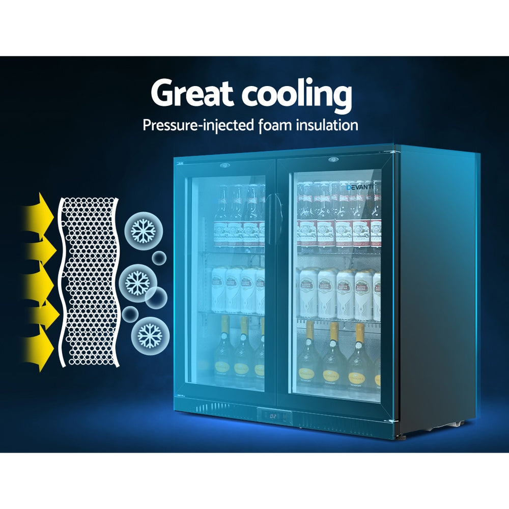 198L Dual Glass Door Bar Fridge w/Light Black