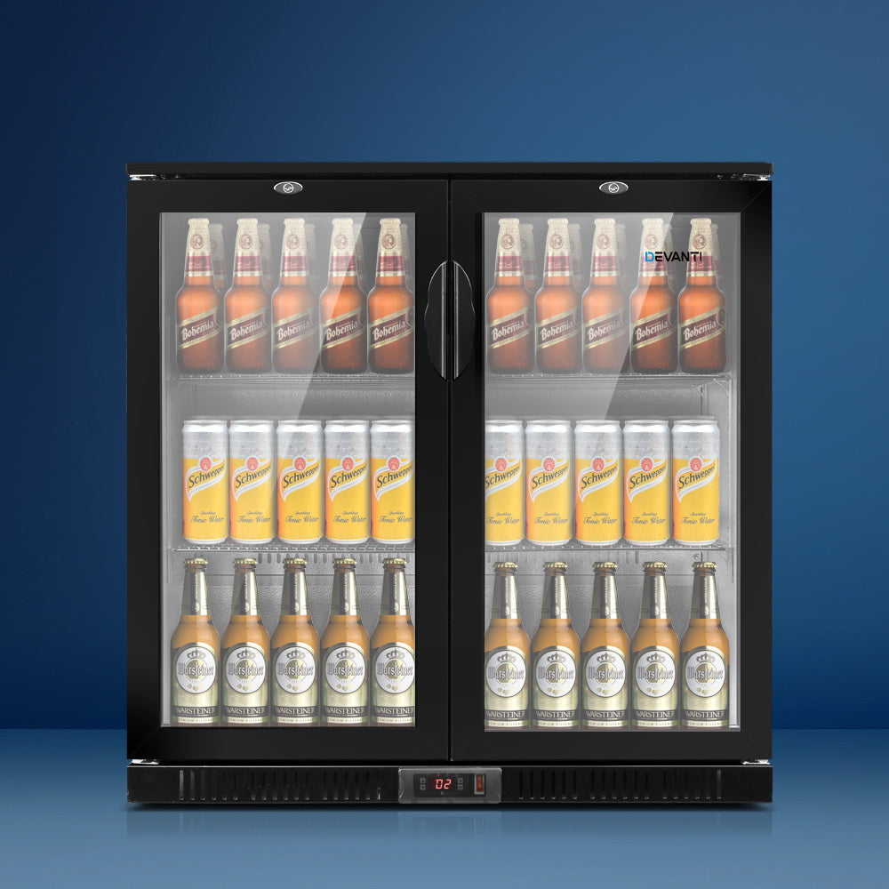 198L Dual Glass Door Bar Fridge w/Light Black