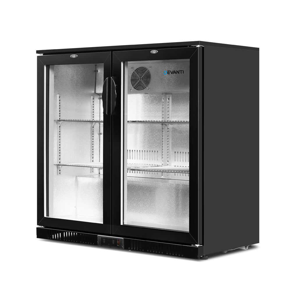 198L Dual Glass Door Bar Fridge w/Light Black