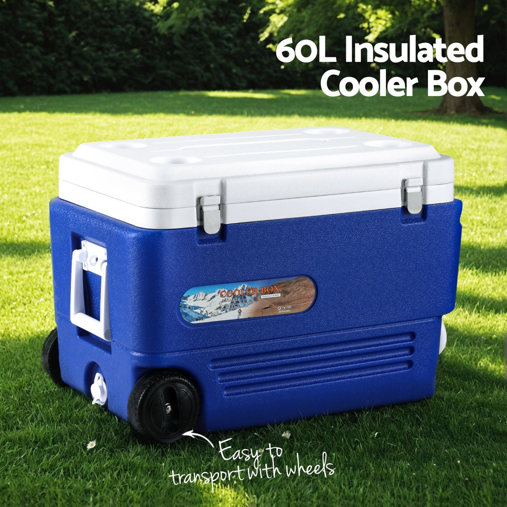 60L Portable Ice Cooler Box With Wheels Camping Esky