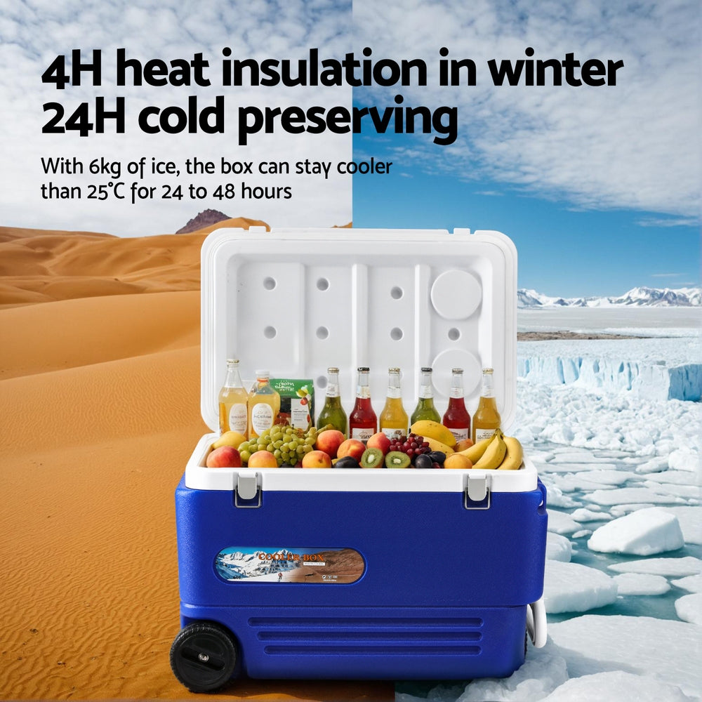 60L Portable Ice Cooler Box With Wheels Camping Esky