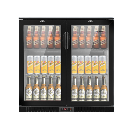 198L Dual Glass Door Bar Fridge w/Light Black