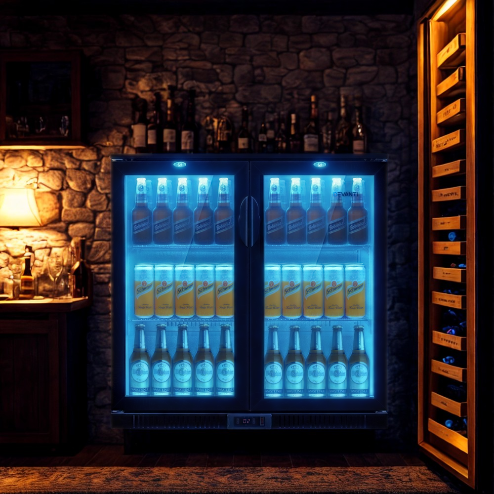 198L Dual Glass Door Bar Fridge w/Light Black